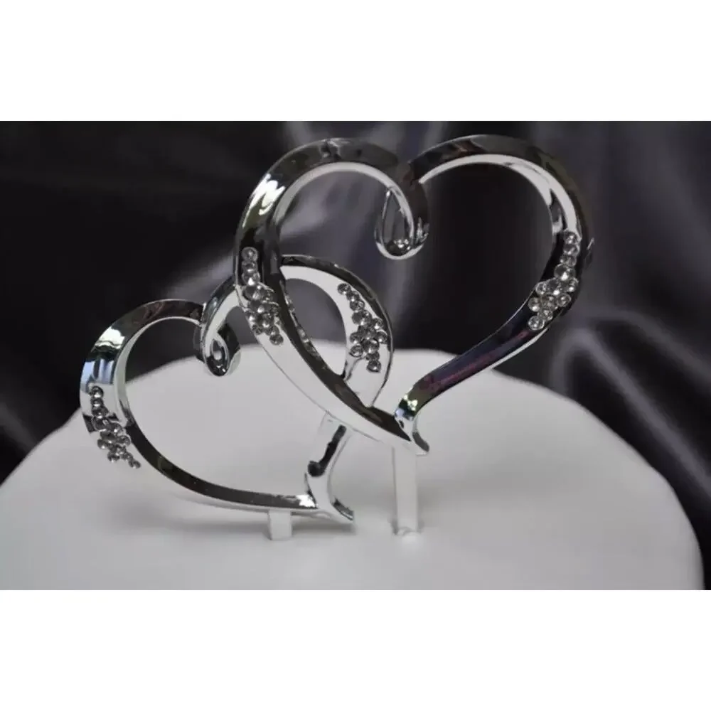 Wilton Double Heart Jeweled Silver Plastic Pick for Cake Topper Decoration NEW